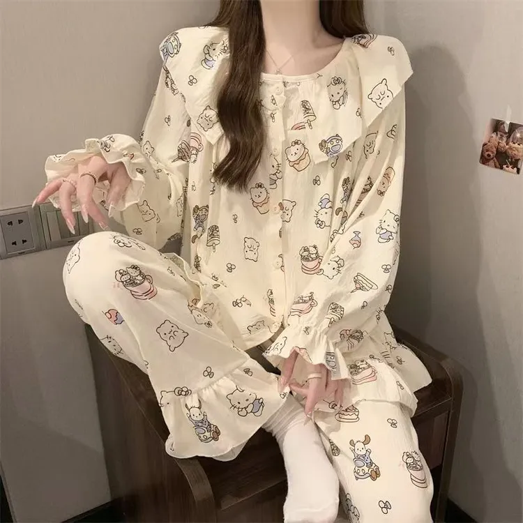 甜美可爱凯蒂猫娃娃领长袖睡衣春秋季薄款公主风家居服