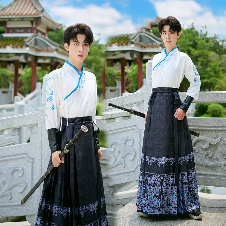 2025马面裙套装男新中式国风改良汉服交领刺绣上衣武侠风学生班服