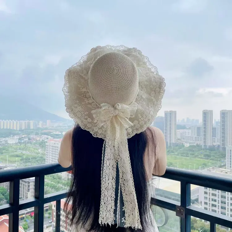 W度假风草帽洛丽塔帽子蕾丝新款大帽檐夏季百搭草帽甜美女海边