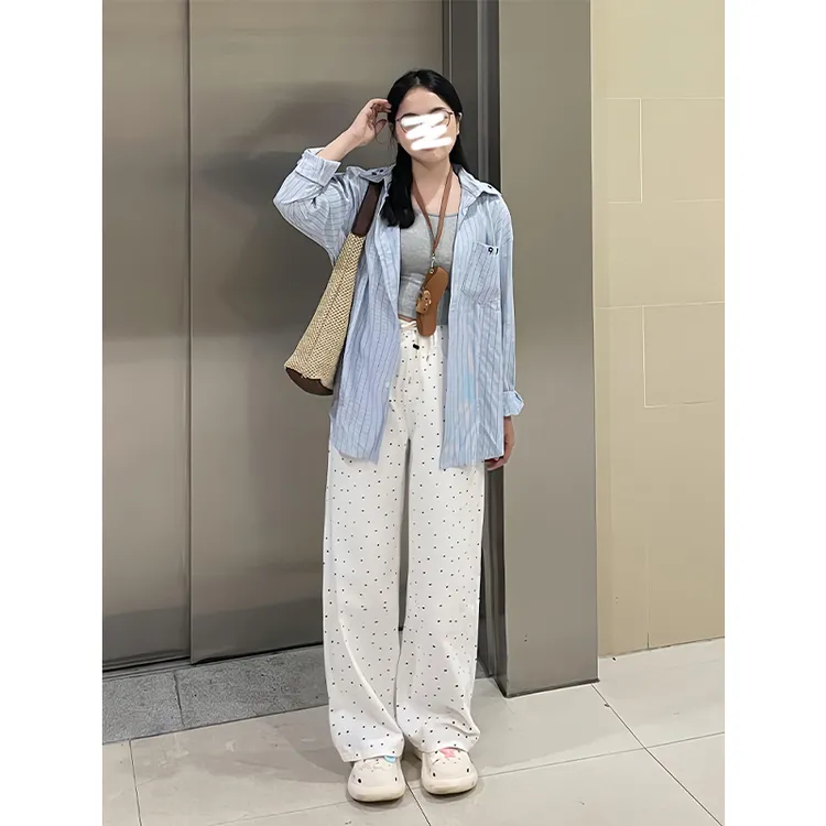 白色波点宽松阔腿裤女2025年春款高腰显瘦抽绳调节百搭牛仔裤子
