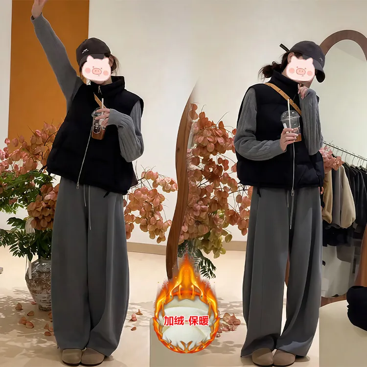 法式立领保暖棉服马甲女秋冬新款时尚百搭长袖毛衣加绒卫裤三件套