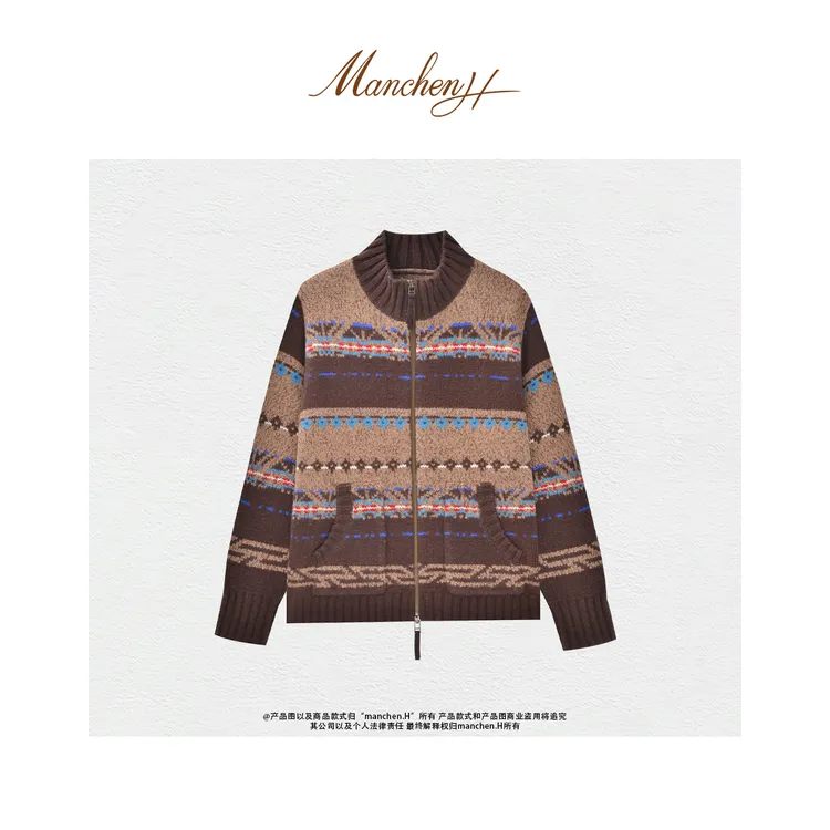 曼辰manchenh"悉尼画报"重磅羊绒羊毛费尔到拉链针织外套