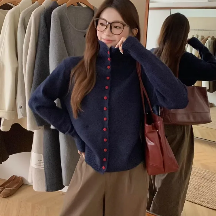 韩系气质休闲高领撞色纽扣软糯针织开衫女士秋冬舒适百搭休闲上衣