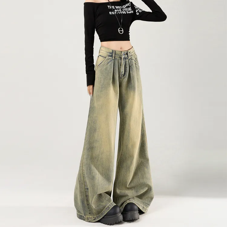 阔腿宽松拖地设计感微夏季新款辣妹显瘦美式高腰牛仔裤喇叭长裤女
