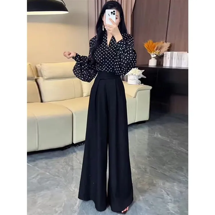 2025秋季衬衫洋气轻职套装时尚高腰阔腿裤法式减龄显瘦复古轻熟风