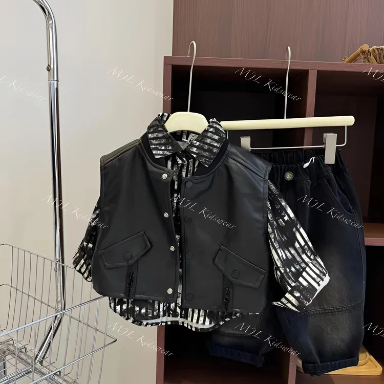 儿童皮衣马甲衬衫两件套春秋款2025新款宝宝秋冬男童痞帅外穿坎肩