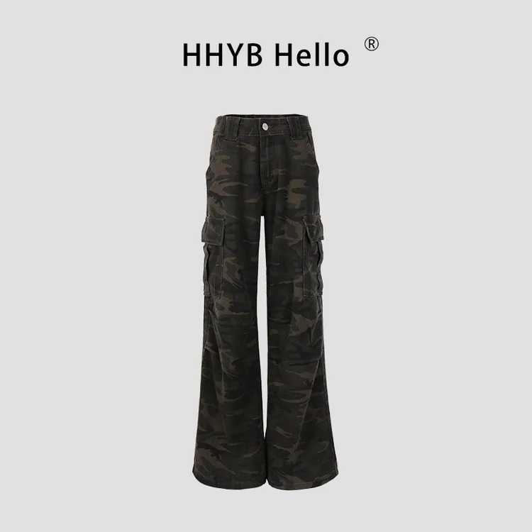 HHYB Hello美式复古水洗迷彩直筒微喇工装裤2025新款长裤Q254118