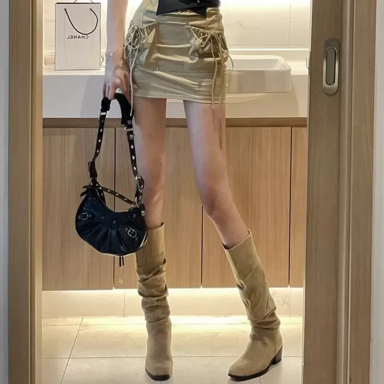 内增高堆堆靴长筒骑士靴子2025新款秋季法式中筒瘦瘦西部牛仔长