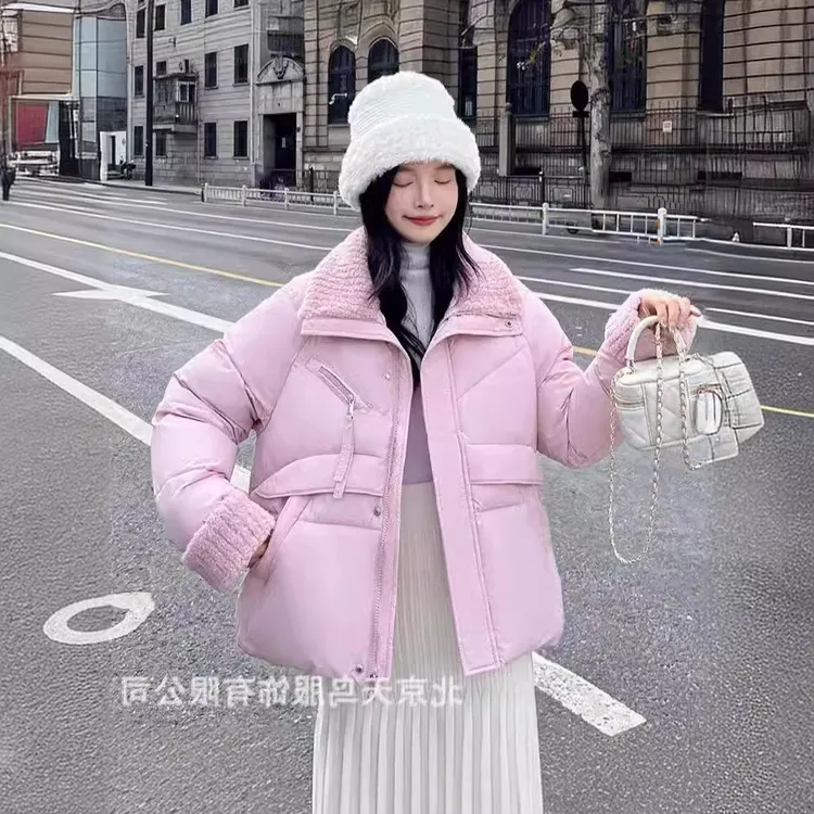 丝绵时尚短款羽绒棉服冬季女装拼接保暖休闲上衣2024年新宽松翻领