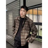 棕咖色格子衬衫外套男款秋季美式复古长袖衬衣小众设计感叠穿上衣