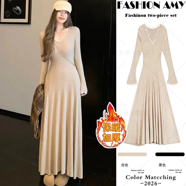 孕妇连衣裙秋冬新款时尚韩版气质V领蕾丝拼接显瘦搭配大衣打底裙1