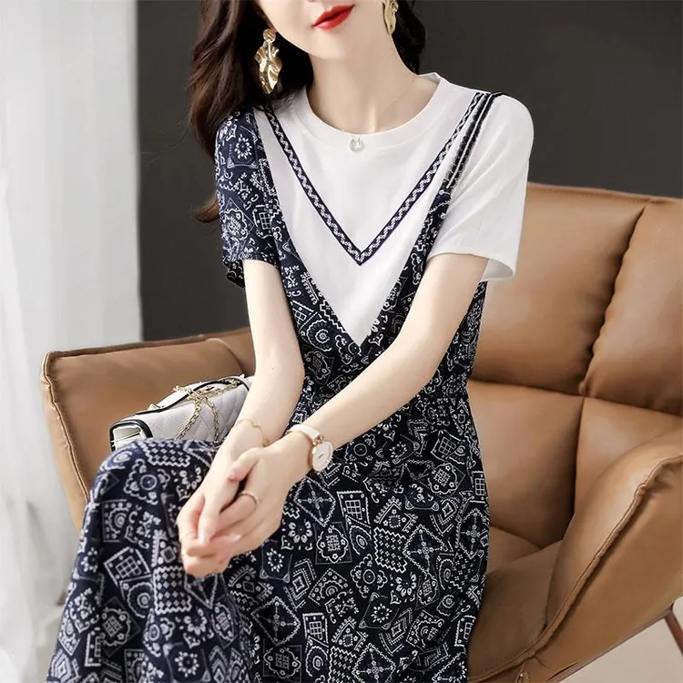 【设计感】时尚高级感2025年新款夏季女装法式设计中长款印花假两