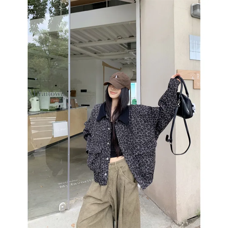 洋气衣服女飞行日记设计感工装外套翻领撞色复古豹纹休闲夹克女