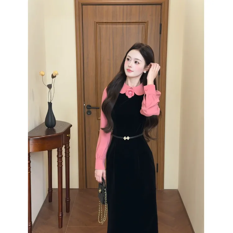 【如楚颜】<77>娃娃领撞色丝绒拼接收腰连衣裙韩系可爱风XMZH10041