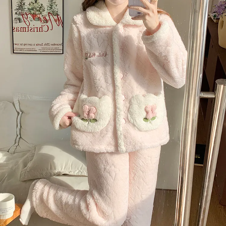 法兰绒加绒加厚甜美公主风睡衣女家居服秋冬季珊瑚绒保暖开衫套装