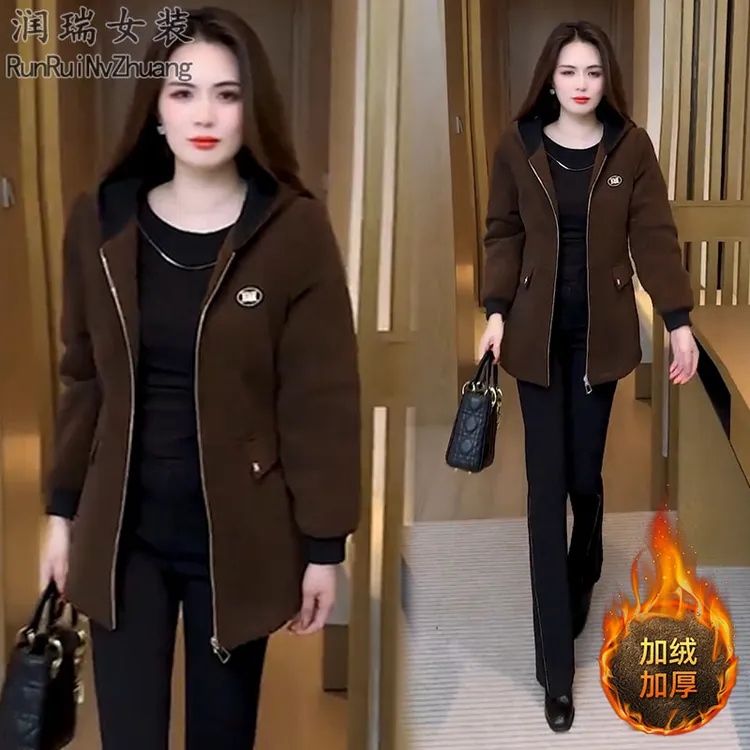 韩版加绒加厚连帽外套女2025秋季新款洋气显瘦中长款休闲保暖夹克