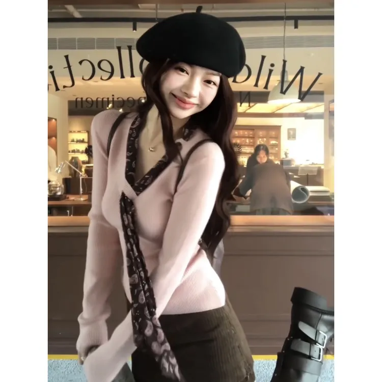 韩系气质波点丝带v领毛衣女秋冬季修身显瘦内搭温柔长袖打底上