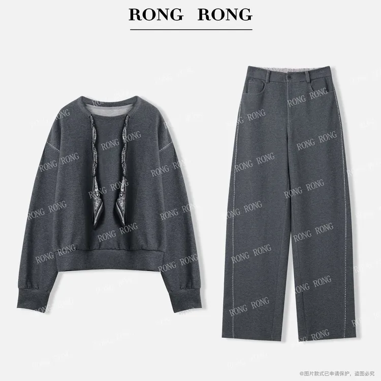溶溶【慕色影灰】RONG羊毛混纺软糯丝巾绳带卫衣裤子套装25C85881-1