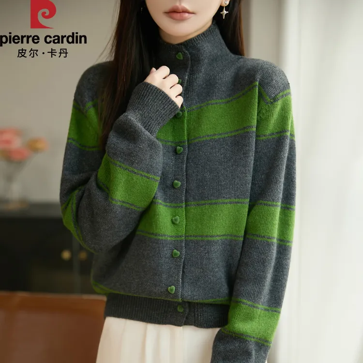 皮尔卡丹新款撞色宽条纹爱心纽扣针织开时尚衫百搭休闲秋冬打底女
