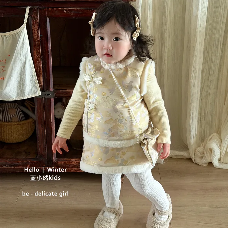 K25D08国风带毛绒女宝厚款套装冬季单蝴蝶结扣女提花中式女童