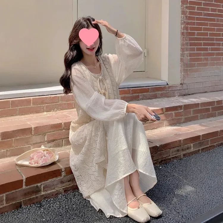 秋装法式连衣裙两件套2025新款叠穿罩衫套装韩版温柔复古设计感小