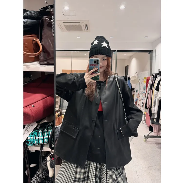 晶咕【巴曼格调】韩系复古黑色无袖单排扣宽松PU马甲外套