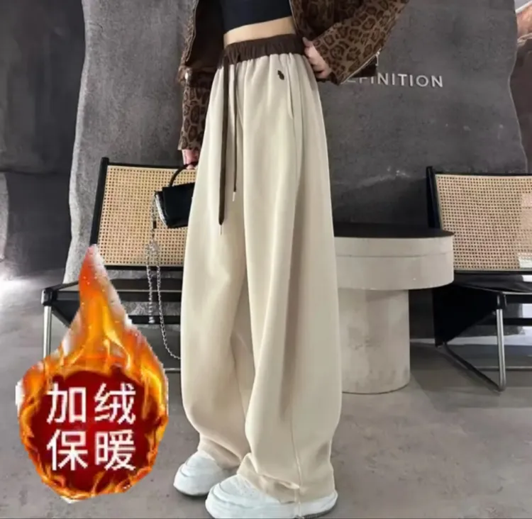 2559冬季加绒专属高品质松紧腰一裤两穿直筒刺绣卫裤休闲裤宽松