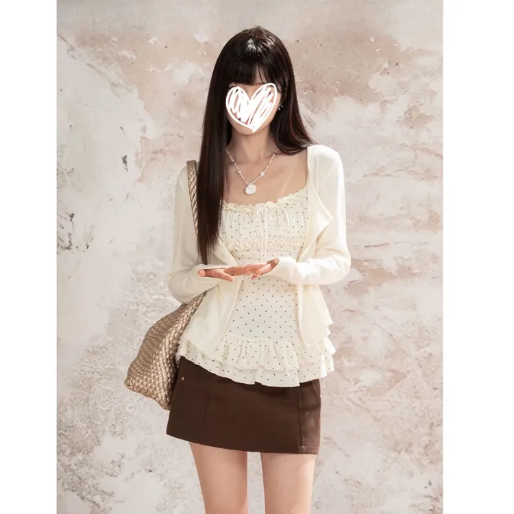 法式波点设计感吊带+简约百搭休闲长袖开衫新款时尚两件套女装潮
