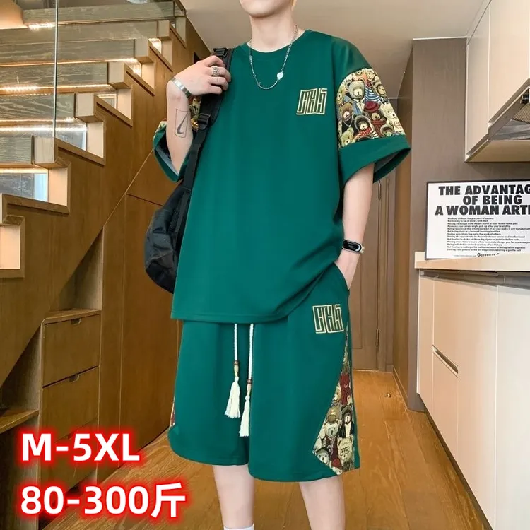 新中式男宽松短袖短裤两件套夏季中国风国潮大码t恤休闲运动套装