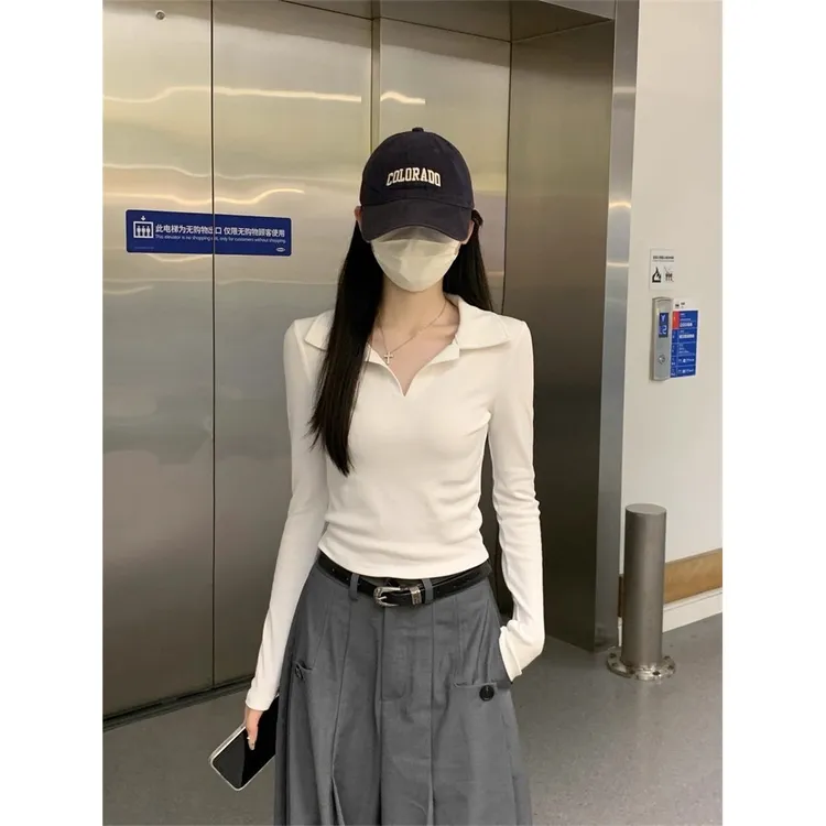 polo领打底衫长袖t恤女2025新款秋季修身白色内搭设计感正肩上衣