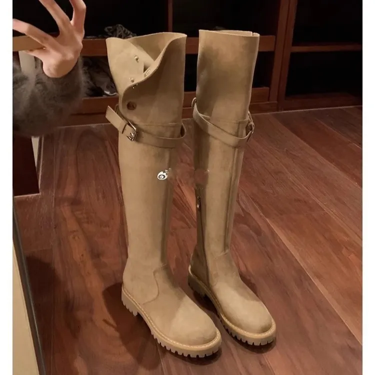2025新款厚底一靴多穿保暖靴过膝靴圆头皮带扣按扣粗跟过膝靴