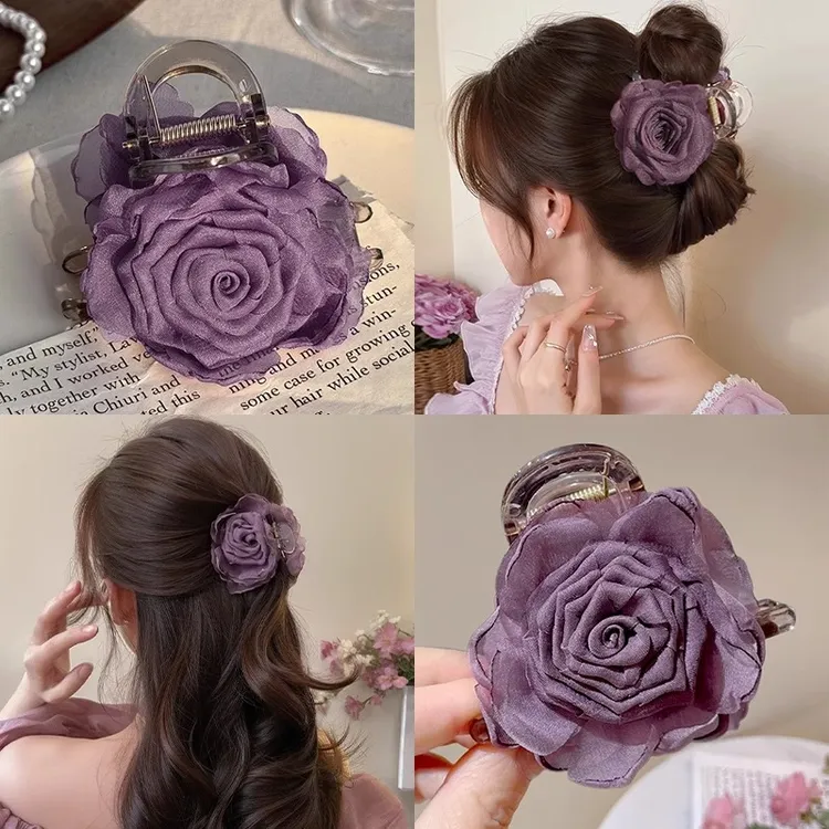玫瑰花朵抓夹女高级感2025新款气质半扎发发夹盘发鲨鱼夹头花头饰