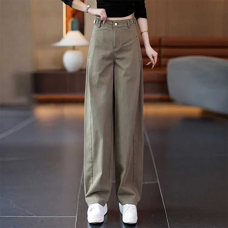 雅柔棉工装裤女早秋弯刀阔腿裤2025新款高腰宽松休闲窄版直筒裤子