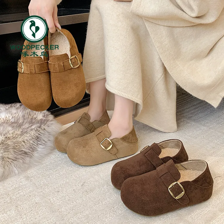 啄木鸟5cm~厚底勃肯鞋女秋冬加绒2025新款复古软底豆豆休闲棉单鞋