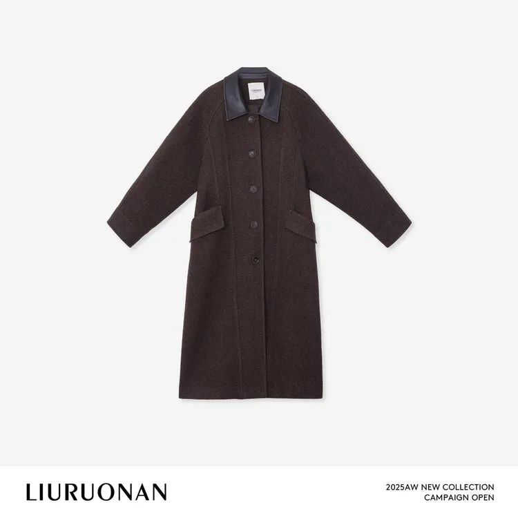 LIURUONAN 25WIN【深焙棕大衣】拼接皮领羊毛单排扣长款毛呢外套女
