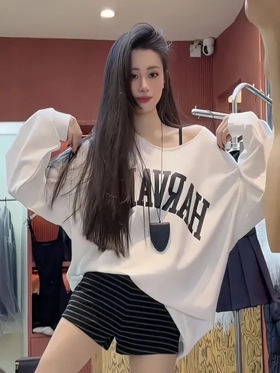 美式慵懒风斜肩字母印花长袖卫衣女2025秋季新款辣妹大版宽松上衣