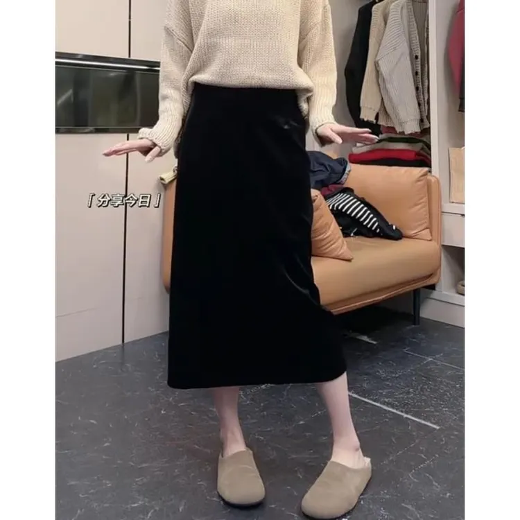 秋冬新款百搭金丝绒裙气质优雅舒适后开叉松紧腰半身裙高腰显瘦