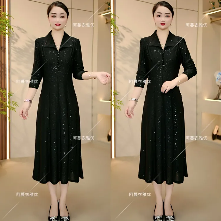 【衣雅严选】8089-2238#新款翻领长袖弹力缎满天星气质显瘦连衣裙