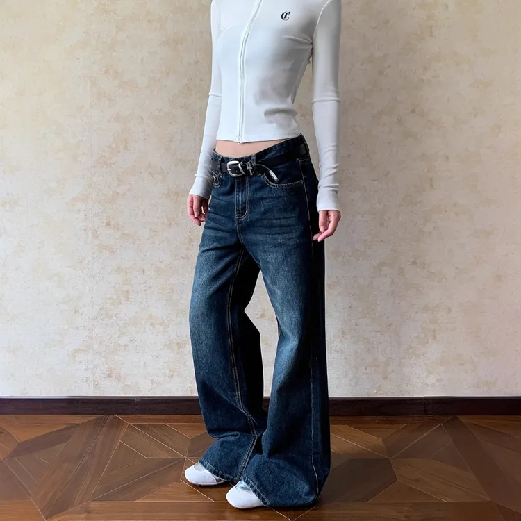 大码美式复古猫须直筒微喇牛仔裤女辣妹宽松休闲垂感显瘦拖地长裤