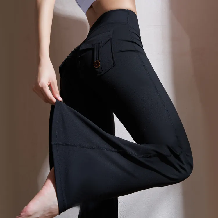 活动爆款口袋工装微喇瑜伽裤高腰蜜桃提臀裸感弹力健身裤跑步外穿