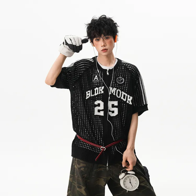 美式复古提花针织球衣短袖男女夏季潮流小众设计感宽松罩衫外套