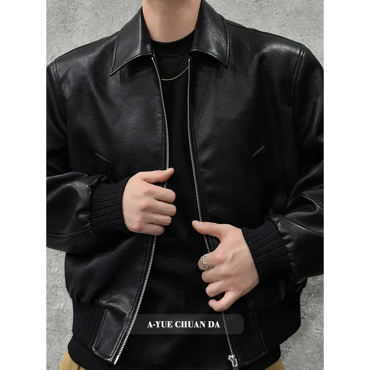 AYUE秋季新款潮流美式复古廓形翻领百搭机车皮衣秋冬休闲夹克外套