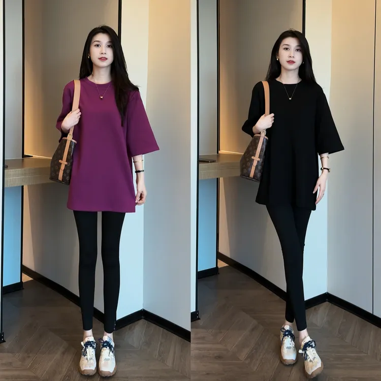 早秋新款韩系时尚气质中袖宽松显瘦遮肉百搭上衣+打底裤套装