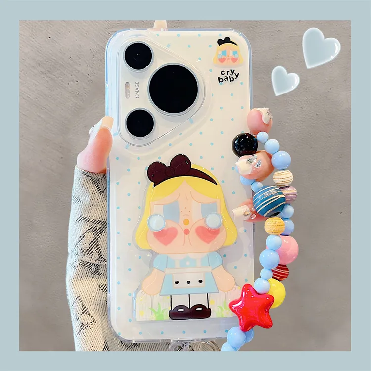 适用华为pura70pro+手机壳ins风卡通波点哭娃推拉镜支架pura80pro