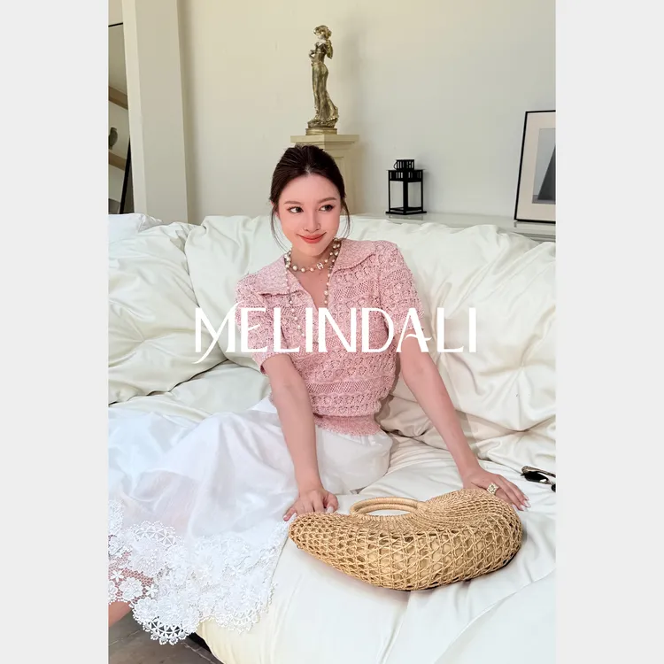 Melinda Li【可露丽POLO】通勤重工镂空钩花亮片针织POLO衫上衣