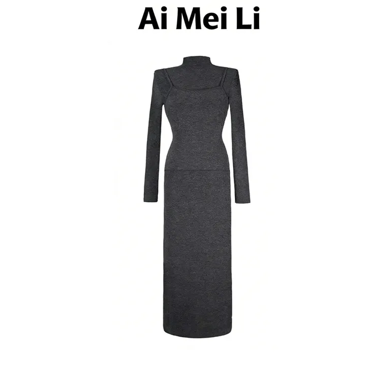 【Ai Mei Li】长袖假两件半高领长裙连衣裙气质女装冬季显瘦时尚