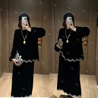 YDFSTUDIO小众【星光夜澜】欧货早秋丝绒拼接设计上衣+半身裙套装