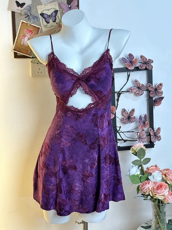 [TT]紫蝶·原创法式轻奢睡裙战袍蕾丝冰丝植绒性感舒适家居服124