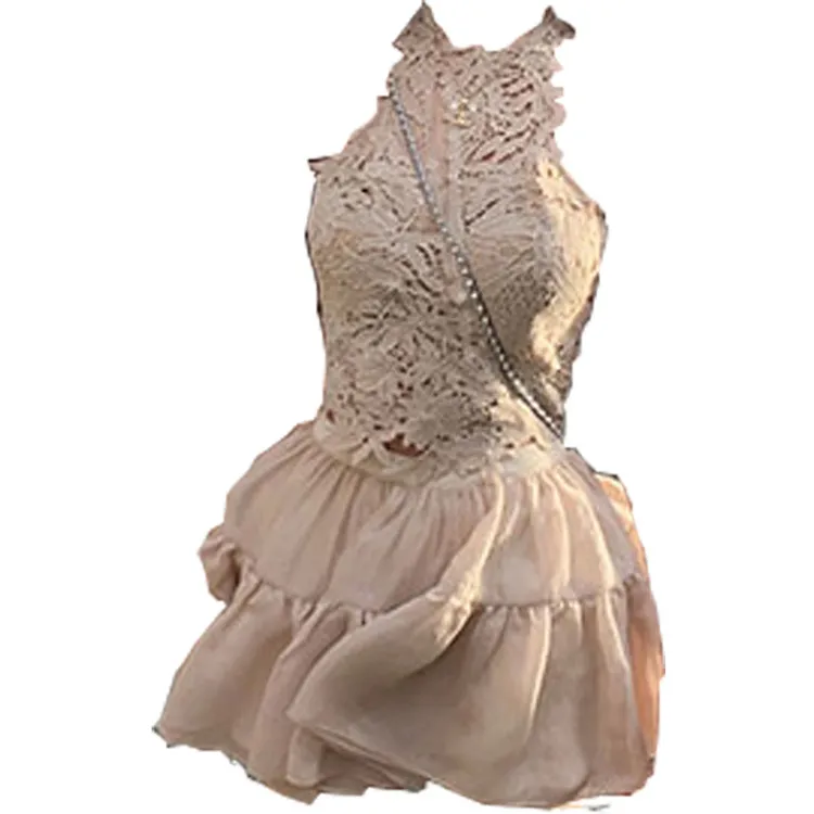 爱在日落黄昏时 2025秋季新款设计感两色立体蕾丝上衣半裙套装女