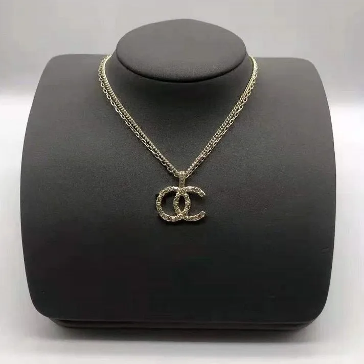 铜吊坠 金色欧美饰品小香风双层锁骨链项链双C吊坠水钻黄铜材质